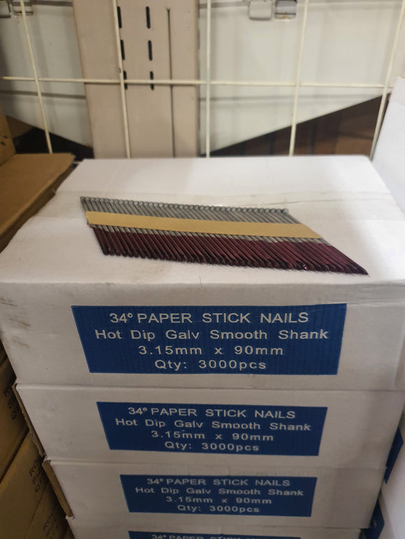 Paper Stick Nails Hot Dipped Galv Smooth Shank 3.15mmx90mm 3000pcs